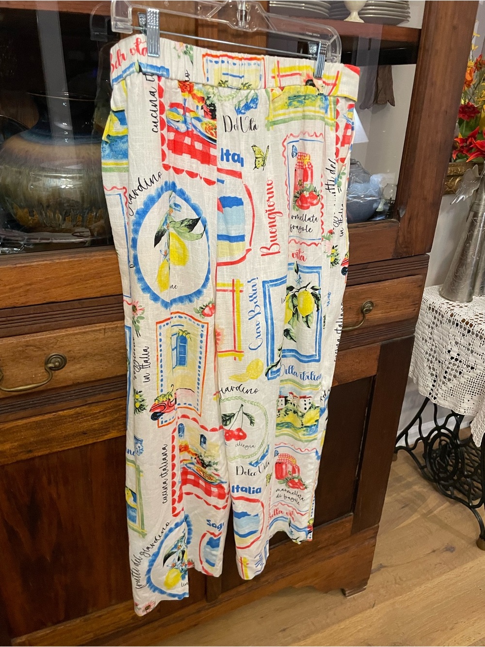 Haver & Blair London Vibrant Mediterranean Print Wide-Leg Pants linen/rayon L - Picture 5 of 8